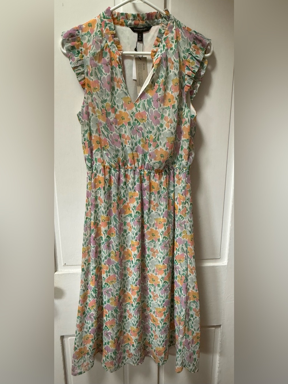 Banana Republic Floral V-Neck Ruffle Blouse — Orange, Lavender & Green